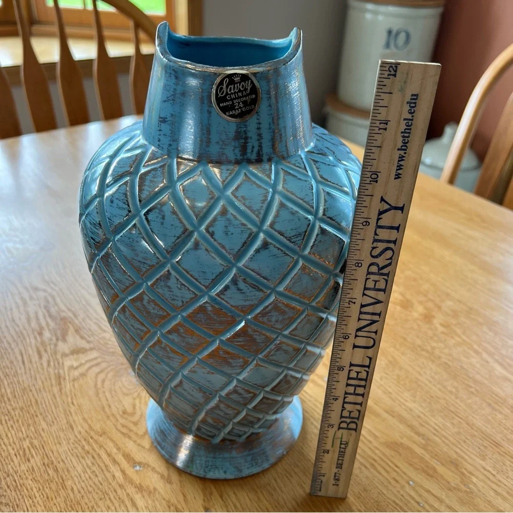Large Savoy Decorative Ceramic Vase Aqua With Gold Sheen Overglaze